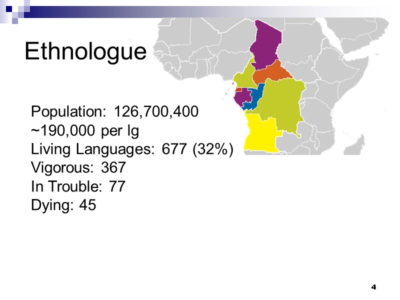 4 Ethnologue Population: 126,700,400 ~190,000 per lg Living Languages: 677 (32%) Vigorous: 367 In